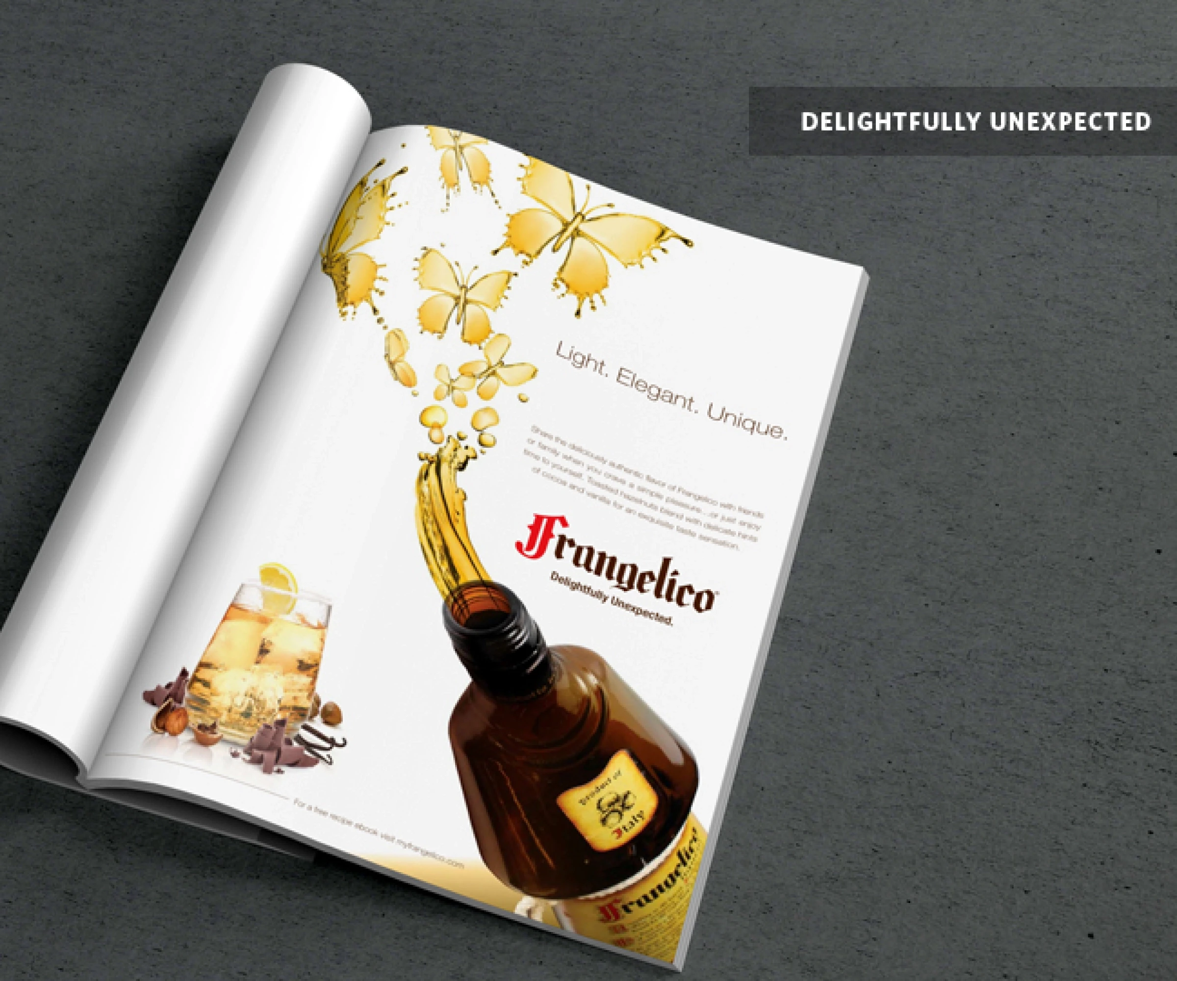 Frangelico ad in magazine with butterflies