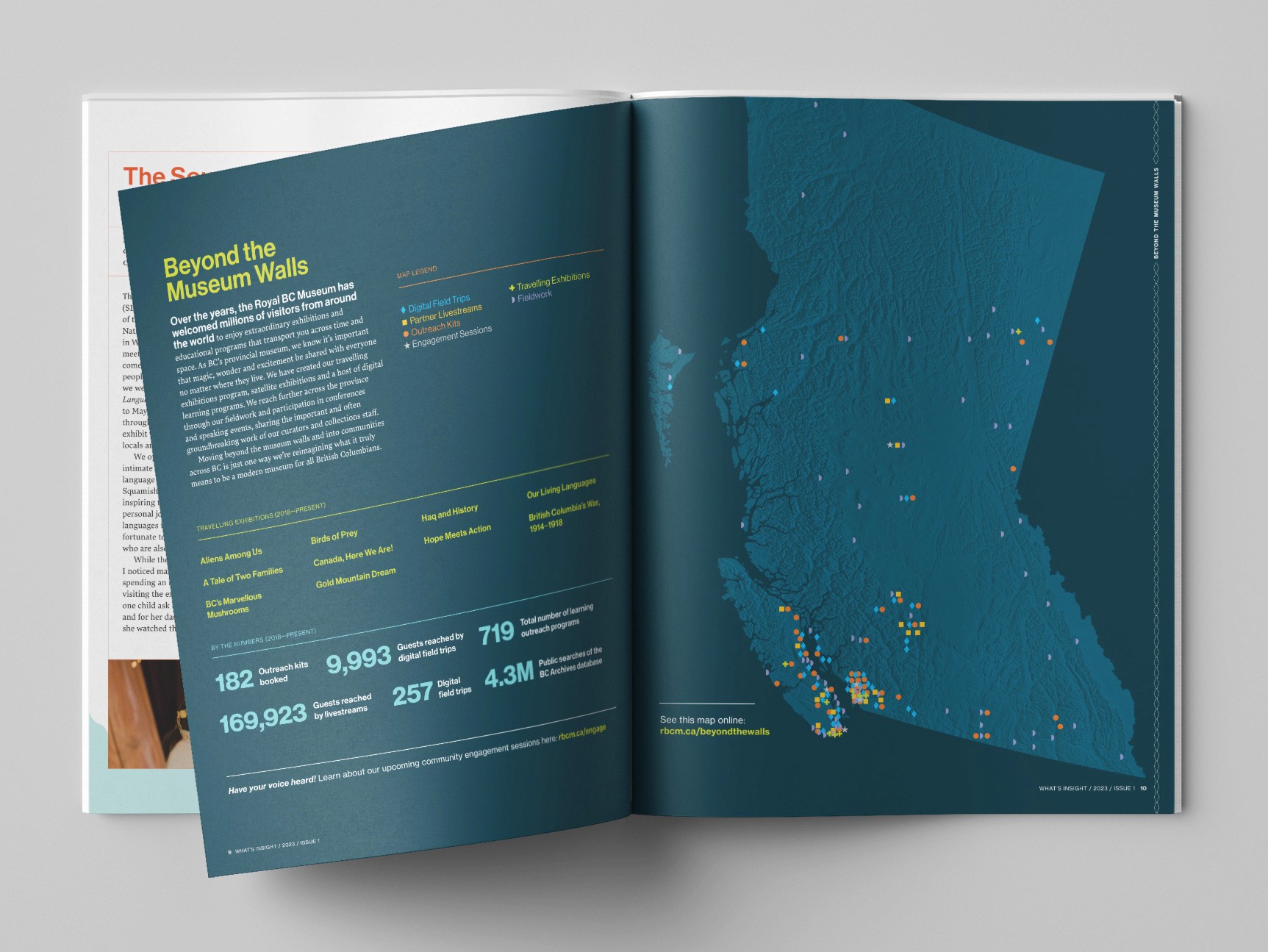 Open double-page spread in a magazine featuring a map of British Columbia with a title that reads Beyond the Museum Walls