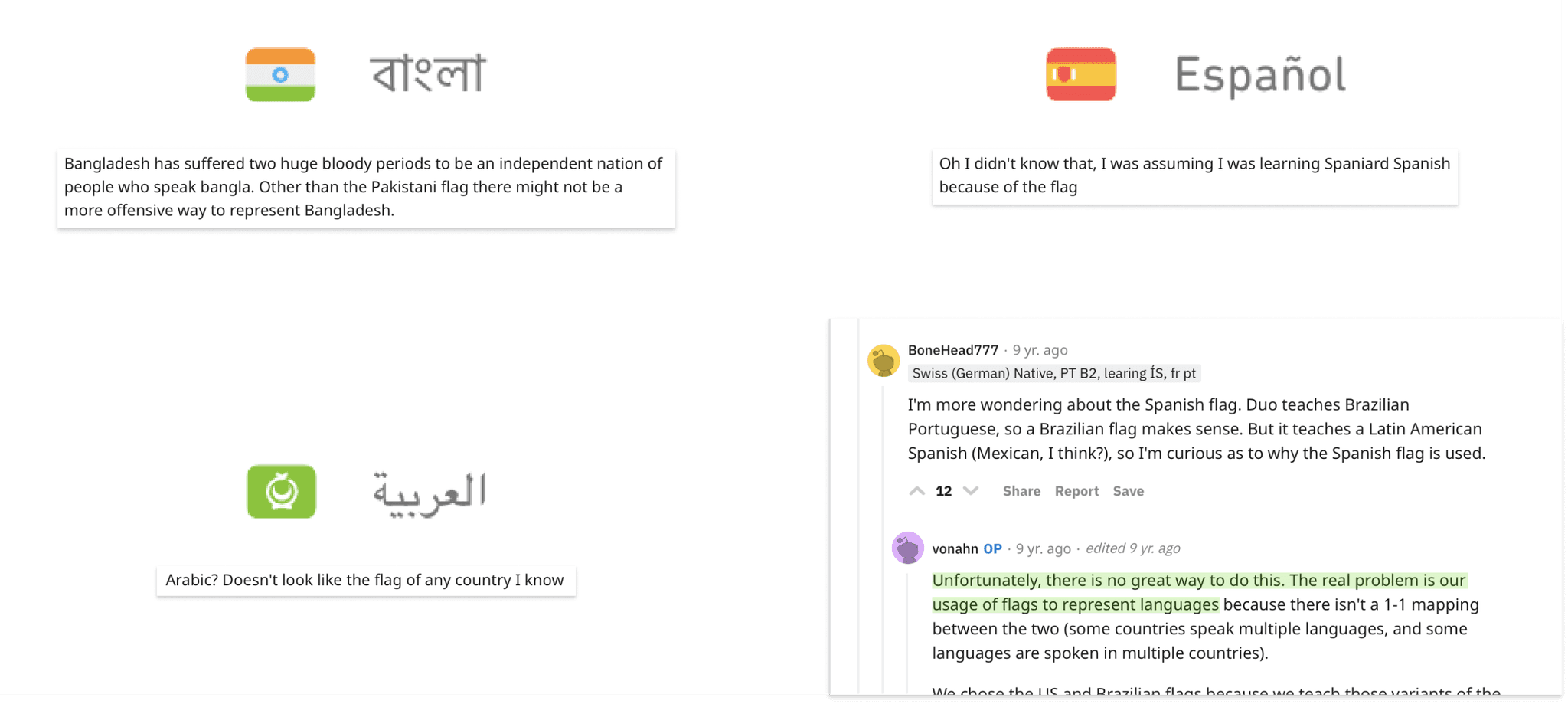 Screenshots of Reddit posts taking offense to the use of flags to represent certain langauge courses or expressing confusion at the meaning of the flag chosen. In addition, a post by the CEO of Duolingo acknowledging that this system is flawed.