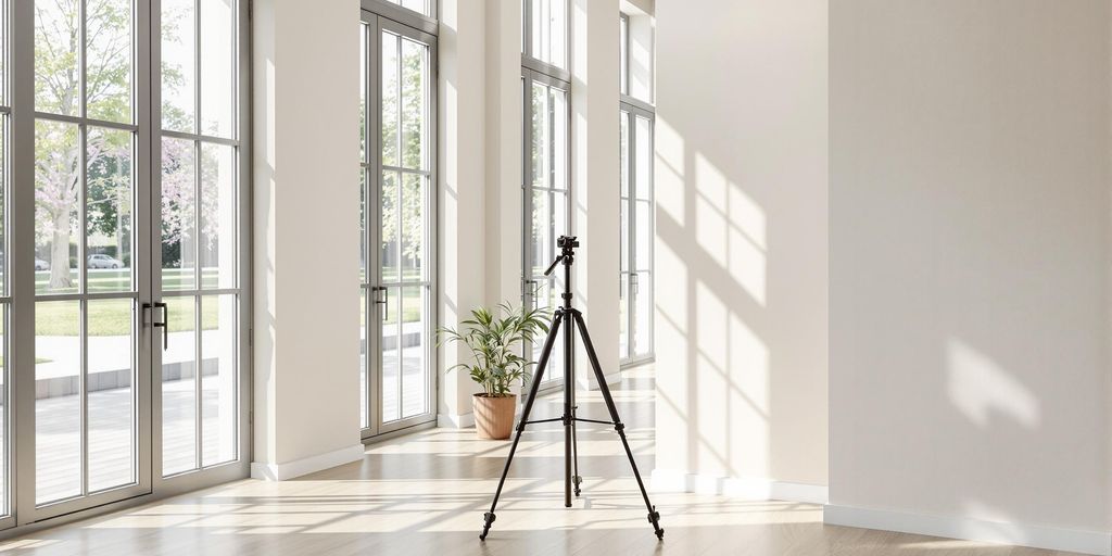 Modern home interior with tripod and natural light.