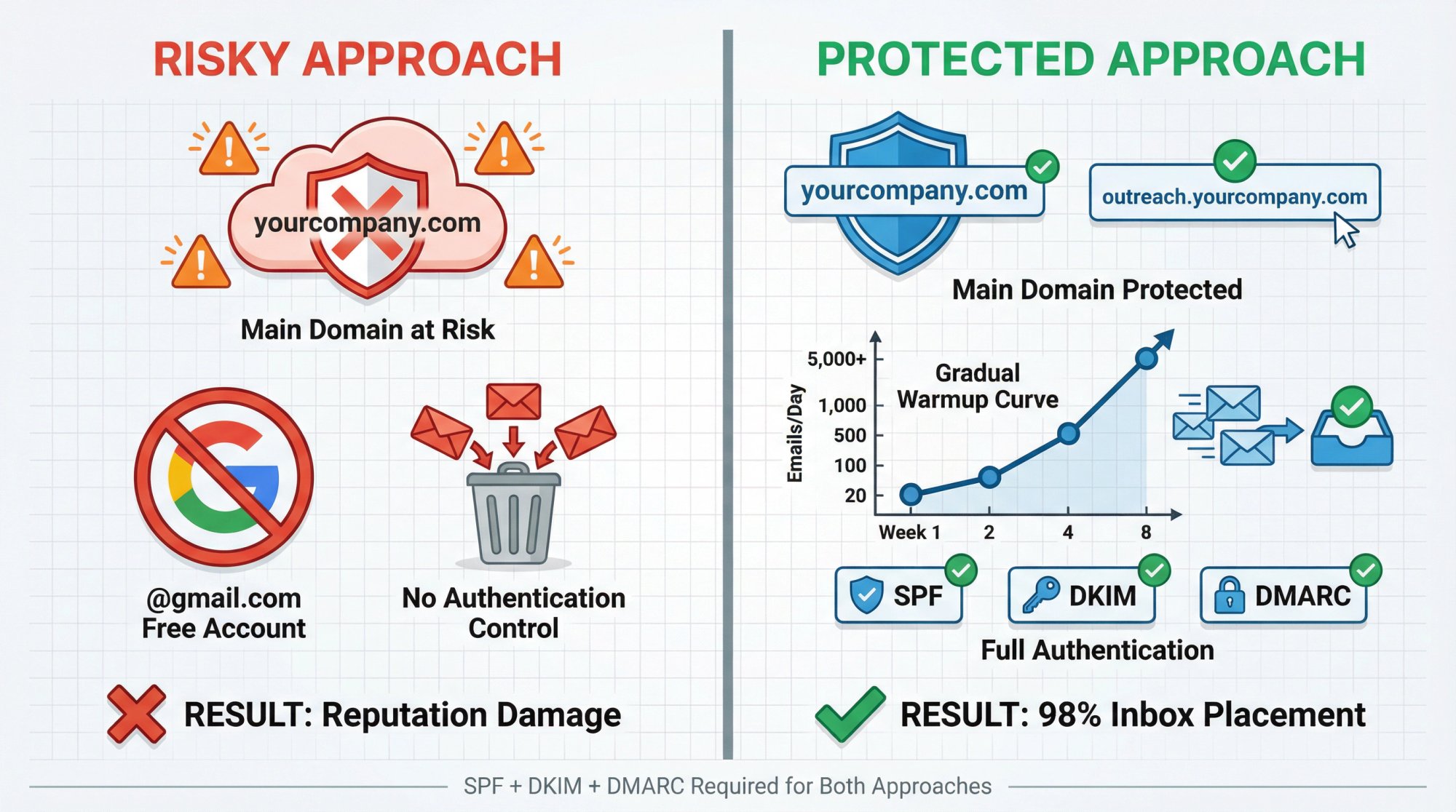 Side-by-side comparison of risky vs. protected cold email domain strategies with warmup timeline