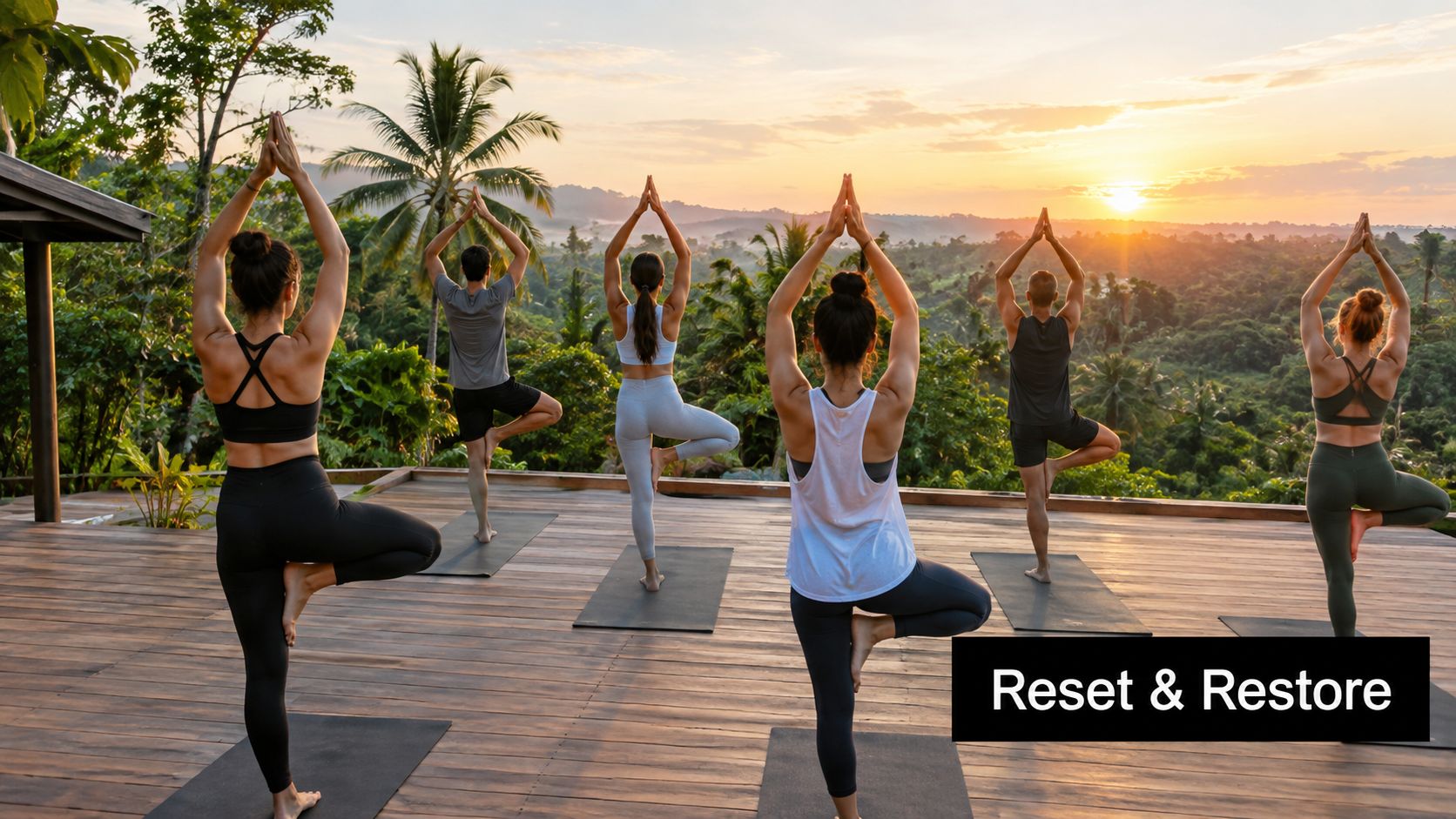 A diverse group of people practicing tree pose yoga on a wooden deck during a scenic sunset.