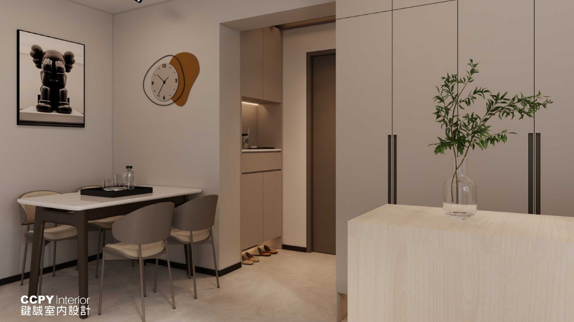 Modern dining area with artwork and plants.