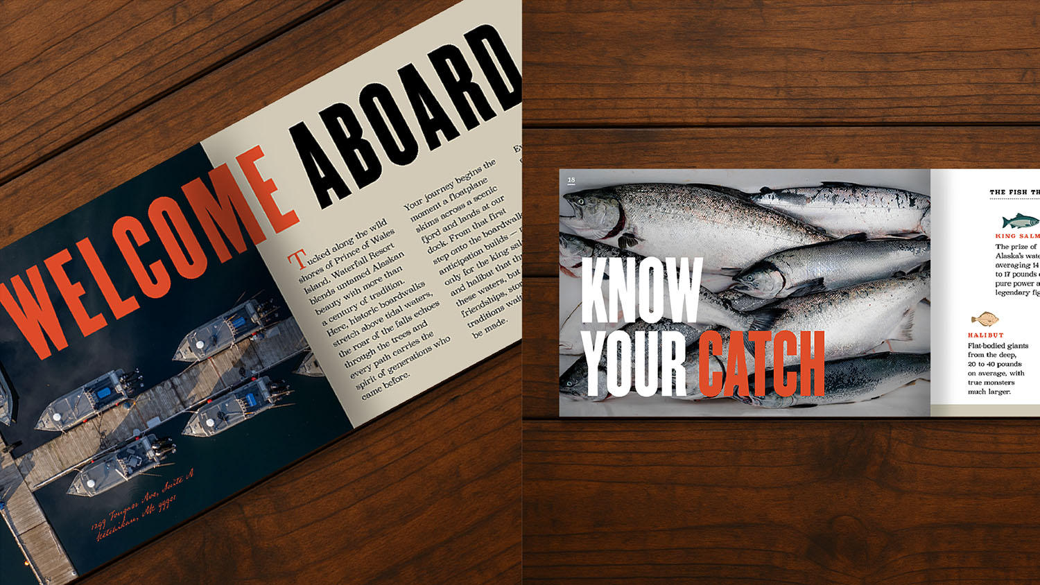 WTADS client Waterfall Resort Alaska interior spread of brochure boats fish and large font headline.