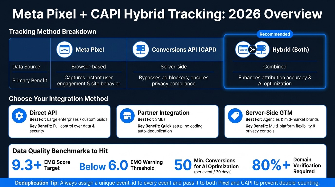 Meta Pixel vs CAPI vs Hybrid Tracking: 2026 Comparison