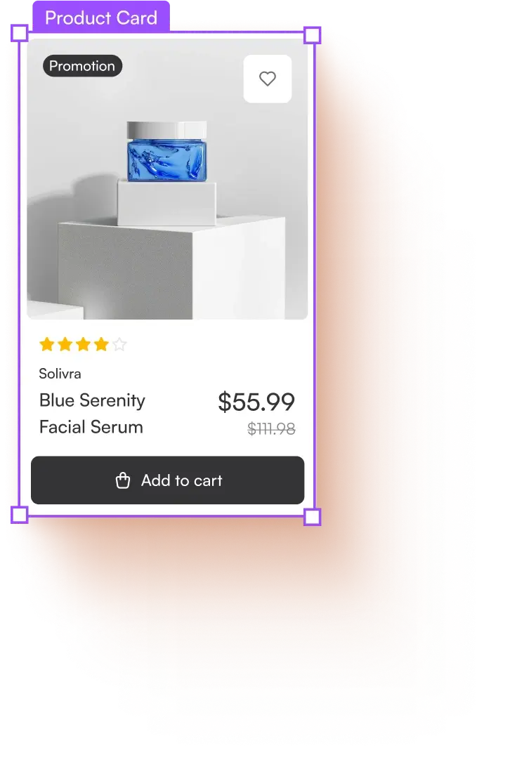 Selected master component of a product card in Figma highlighted with a purple bounding box, showing the internal structure and 'Add to cart' button.