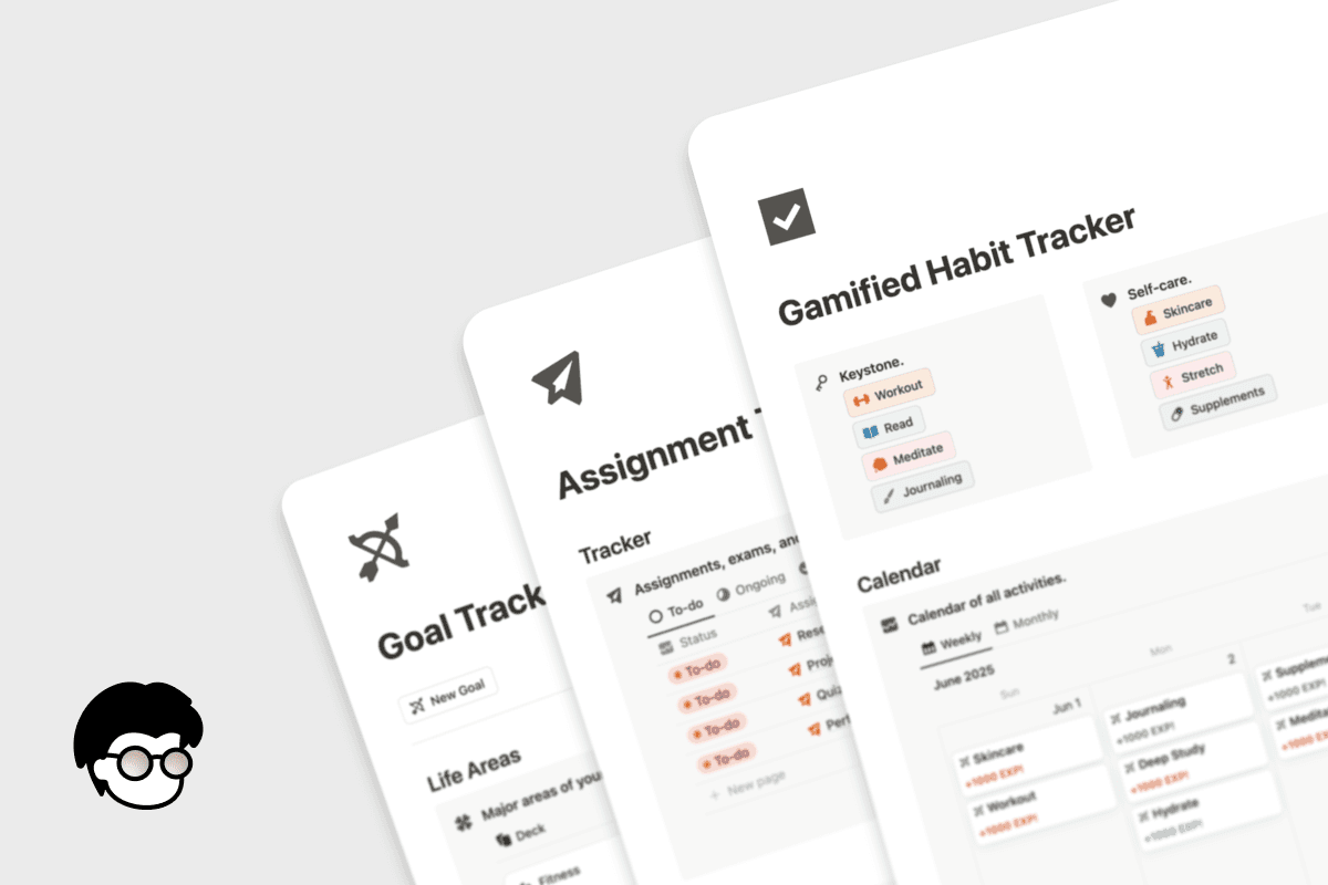 The image displays a subtle white gradient background. A header that reads "Tools for a more meaningful life." and a subheader "Curated Notion templates to help you think clearly and live with meaning." The rest of the image shows 3 mockups of Notion templates stacked on top of eachother.