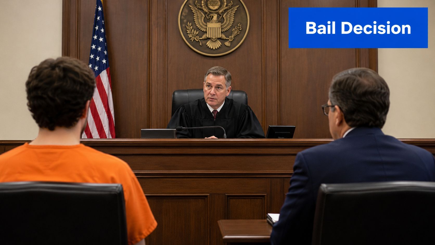A judge in a courtroom presiding over a hearing with a defendant in an orange jumpsuit.