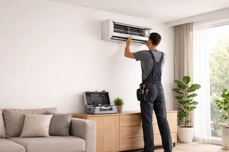 Tecnico specializzato durante l’installazione di un climatizzatore in ambiente domestico