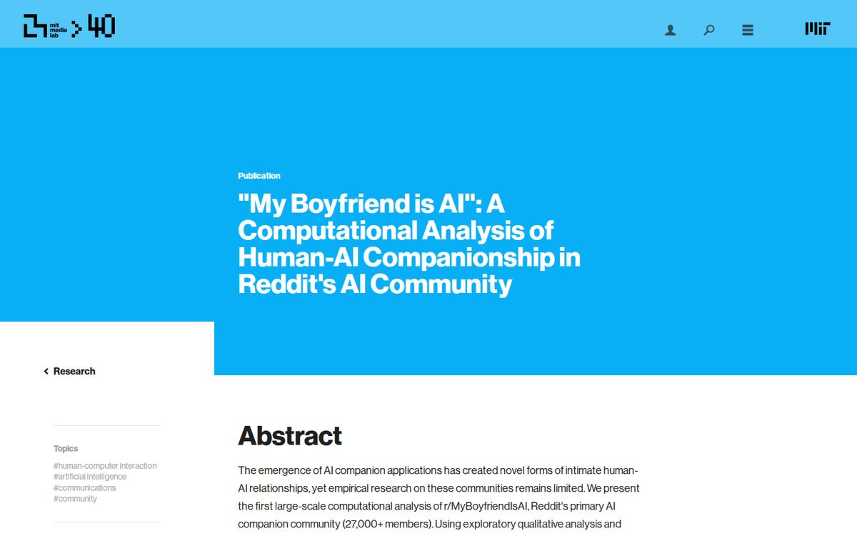 The MIT Media Lab publication page for its analysis of 1,506 r/MyBoyfriendIsAI posts, the largest study of the community so far, October 2026.