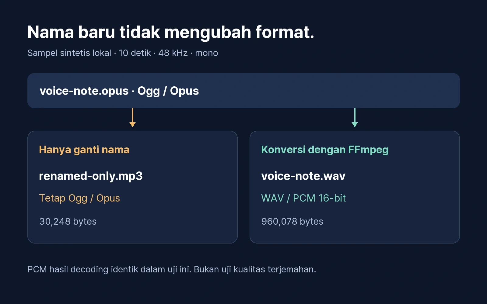 Uji lokal menunjukkan bahwa mengganti nama Opus menjadi MP3 tetap menghasilkan audio Opus, sedangkan konversi menghasilkan WAV PCM