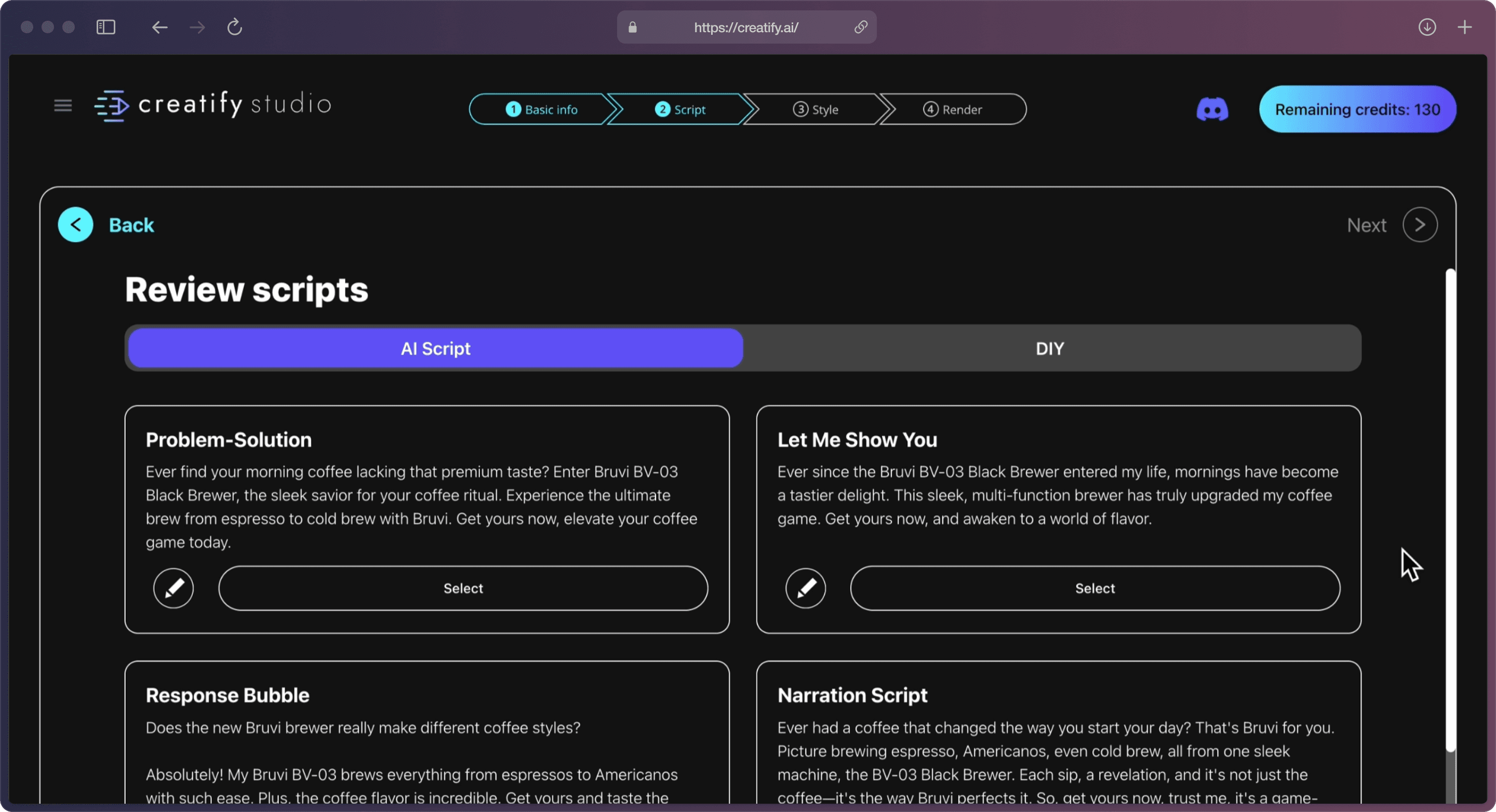 A screenshot of Creatify AI app on the “Review scripts” page with several script options under “AI scripts” purple bracket.