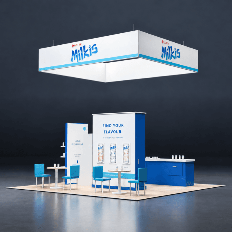 20x20 drink sampling island exhibit with buyer seating, storage, and lead capture counter