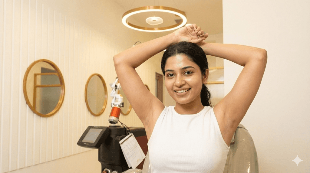 Portrait of a confident Indian woman wearing a sleeveless top or, raising her arms to show smooth, hair-free underarms, smiling comfortably.