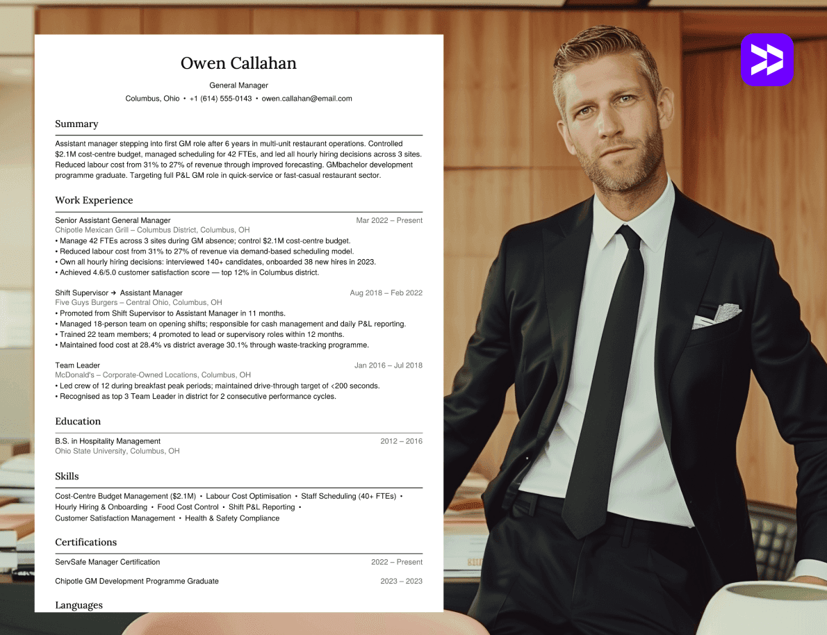 General manager CV example in professional office setting