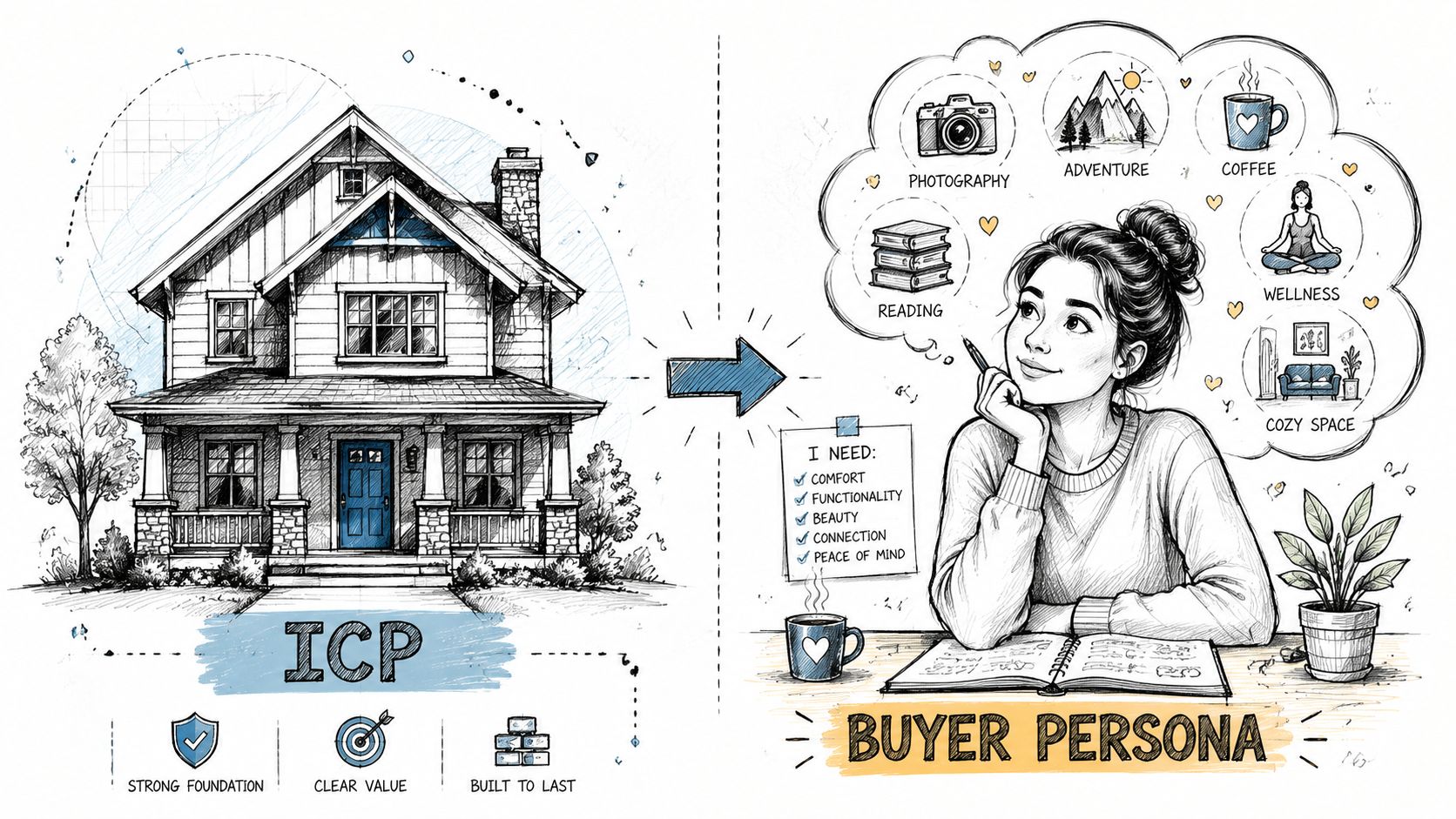 A hand-drawn illustration comparing an Ideal Customer Profile as a house foundation to a Buyer Persona profile.