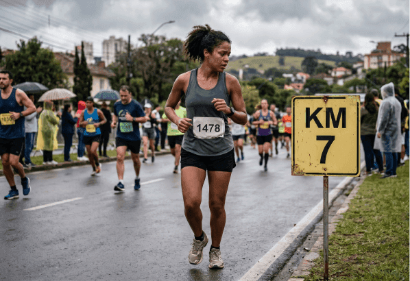Corredora passando por marca de quilometragem durante corrida de rua e sentindo a dificuldade aumentar.