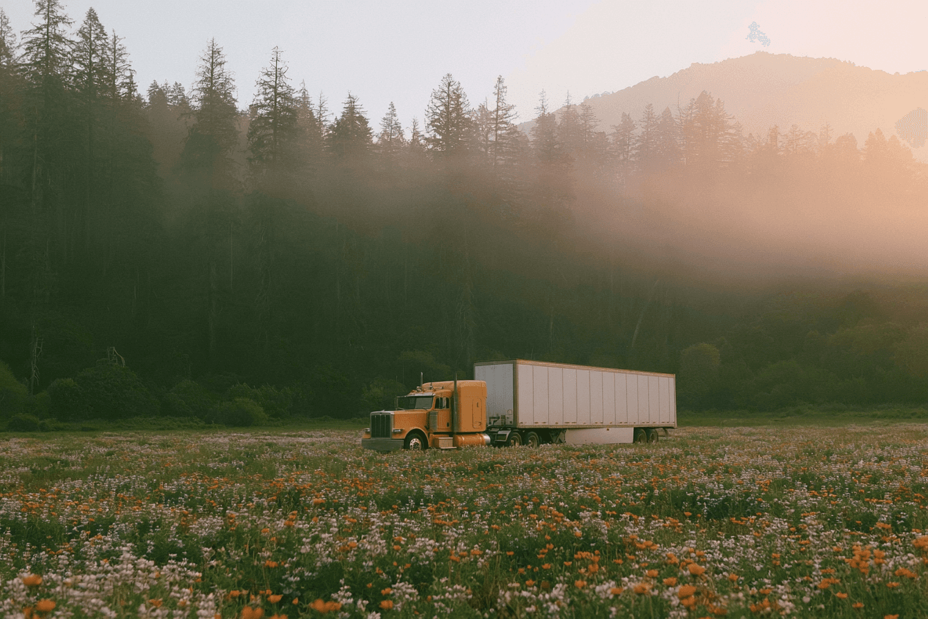 peterbilt freight truck in middle of field