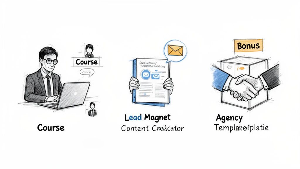 Illustrations of online business products: a course, a lead magnet, and agency services with a bonus.