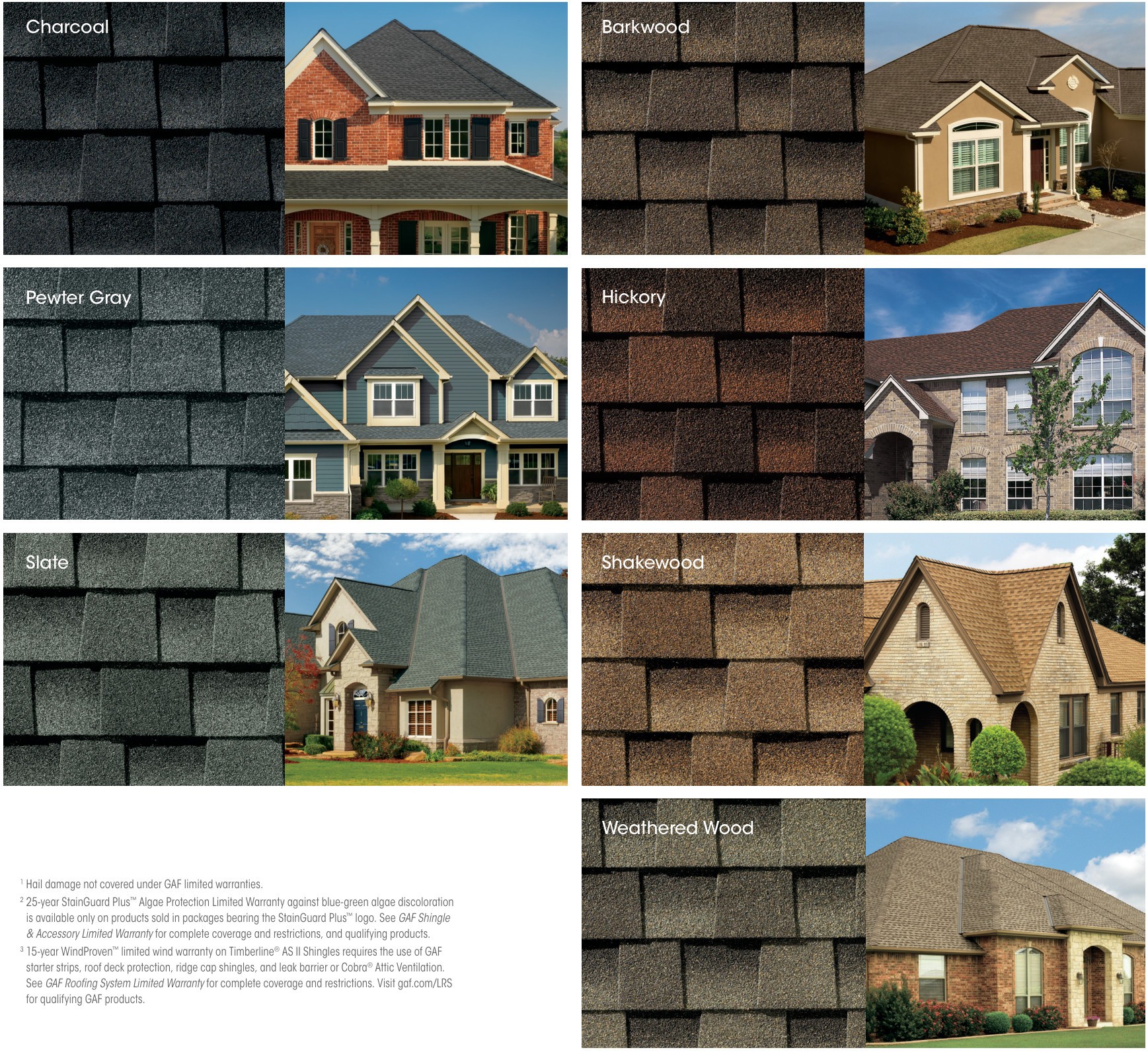 GAF AS II color examples: Charcoal, Barkwood, Pewter Gray, Hickory, Slate, Shakewood and Weathered Wood.