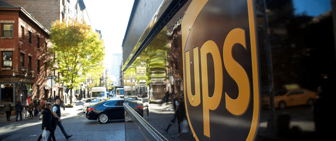 A UPS delivery truck on a city street