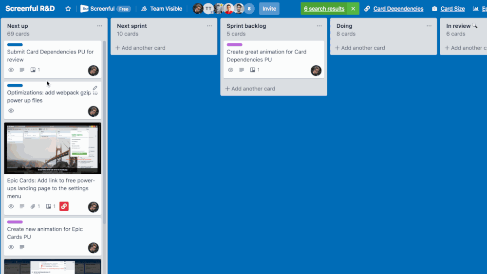 Video demonstration of the card dependencies integration in Trello.