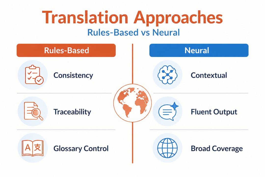 Infographic comparing rules-based and neural translation