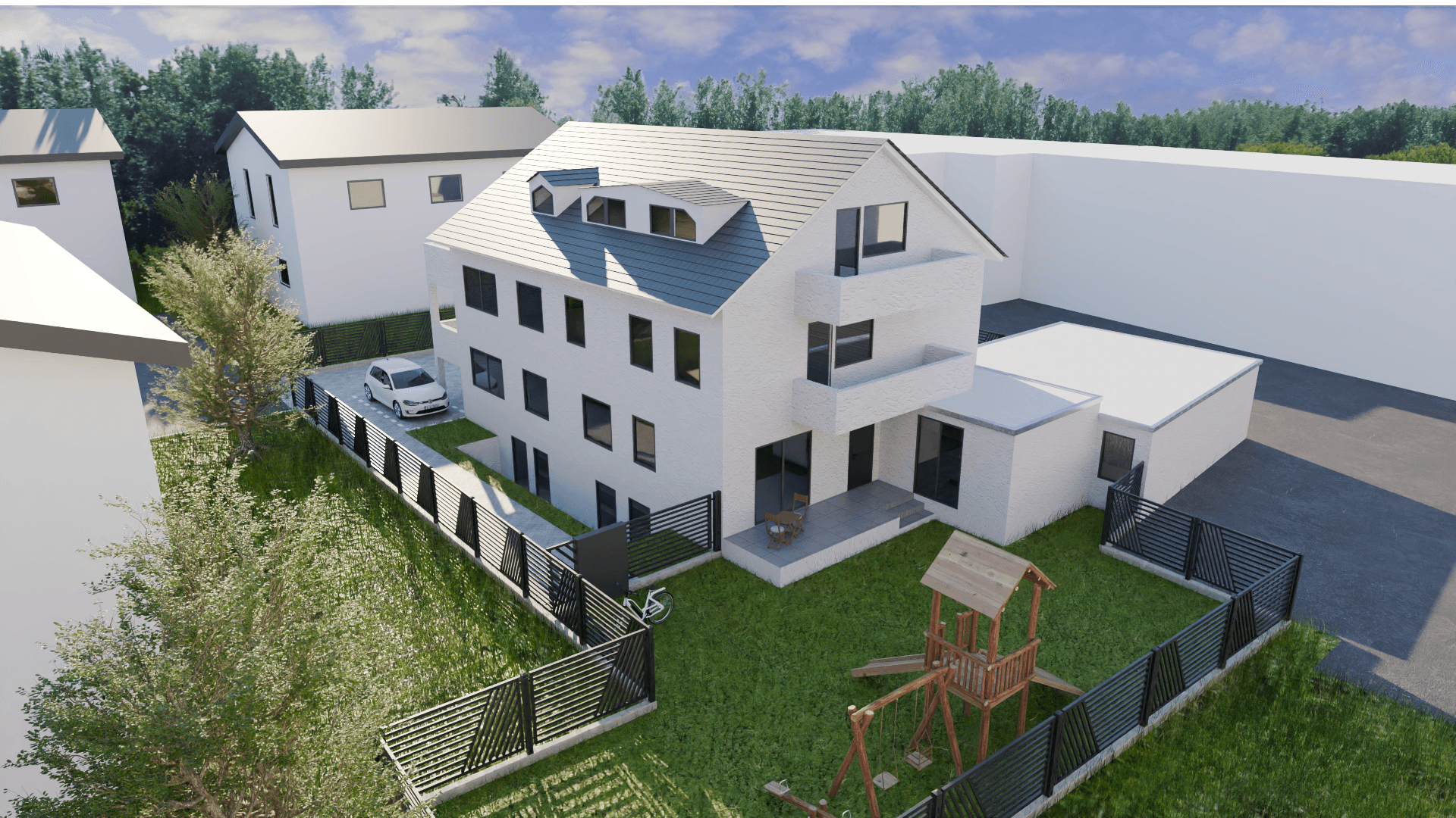 3D-Rendering des sanierten Mehrfamilienhauses mit Eigentumswohnungen in der Petrastraße 10, Bad Salzuflen