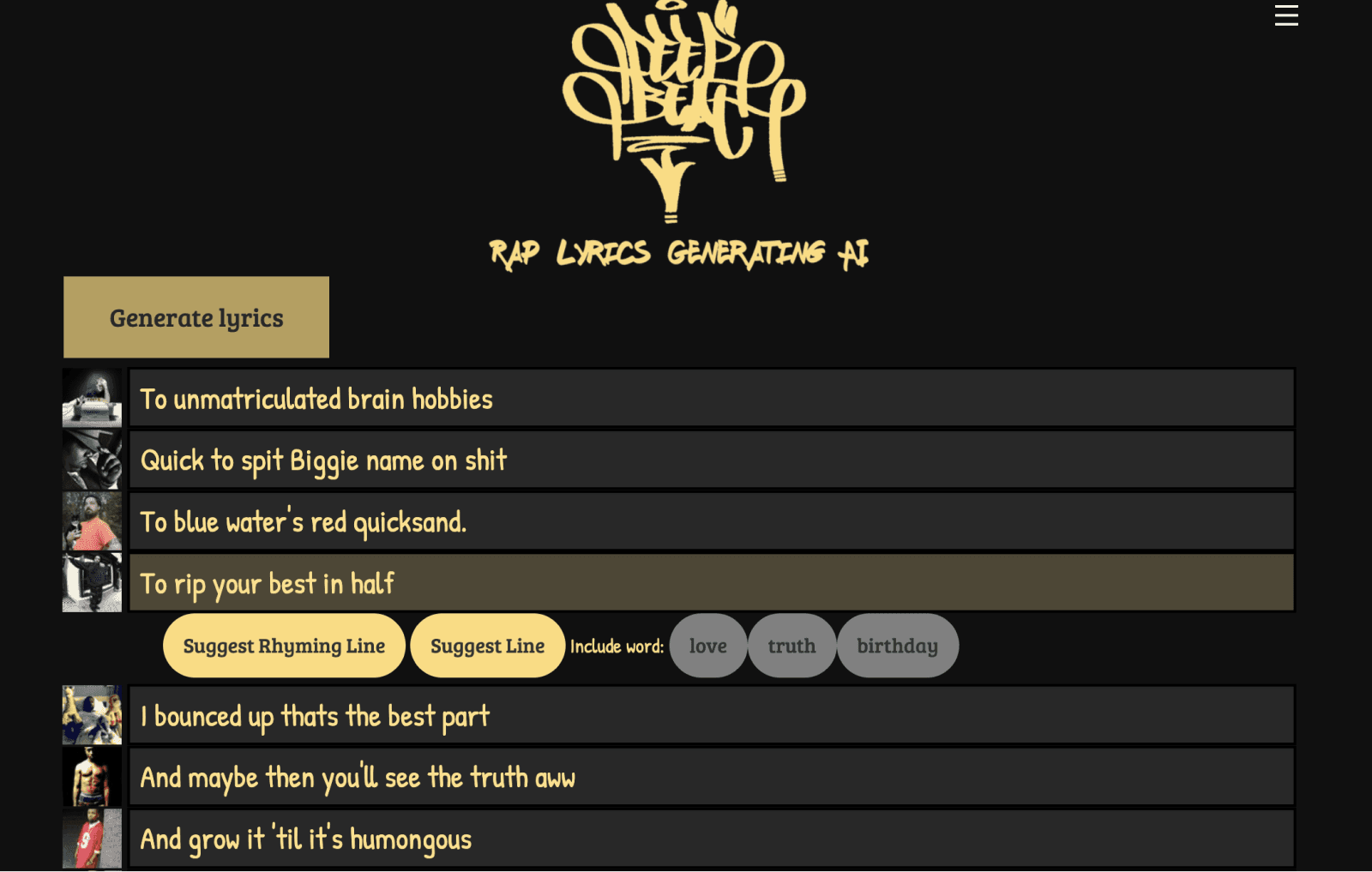 The DeepBeat rap lyrics generator