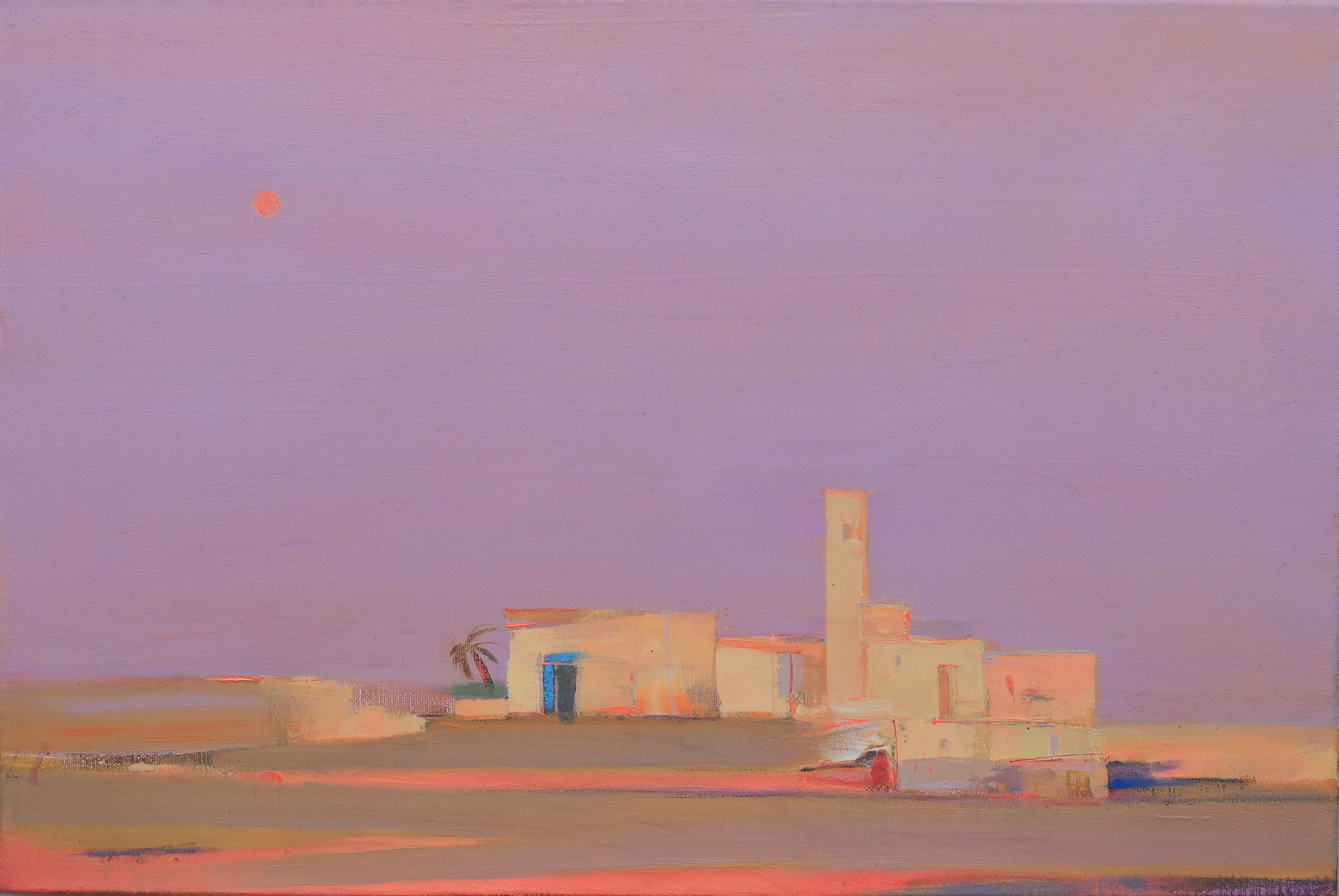 A serene desert landscape painting features minimalist buildings under a vast, pastel-hued sky with a warm, setting sun, conveying a tranquil and ethereal ambiance.