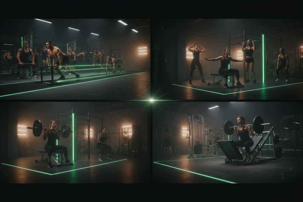 Gym athletes performing push, pull and leg movements