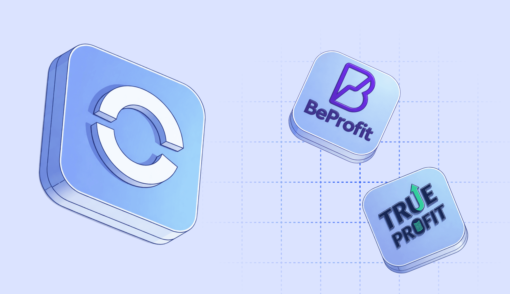 Cifra logo alongside BeProfit and TrueProfit app icons on a digital grid background, showcasing e-commerce financial tool integrations.