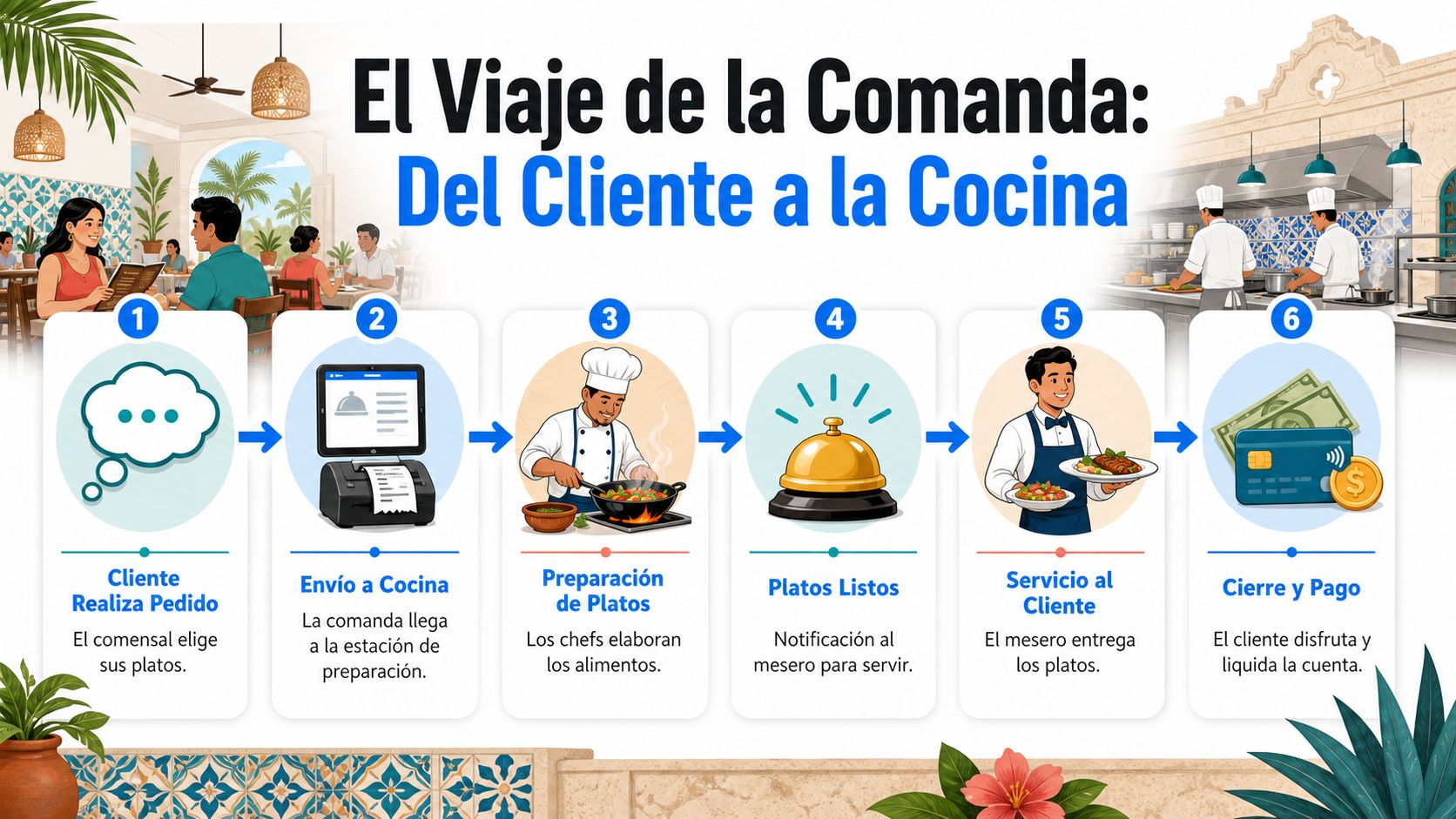 Diagrama del proceso de una comanda en un restaurante, desde la orden del cliente hasta el pago final.