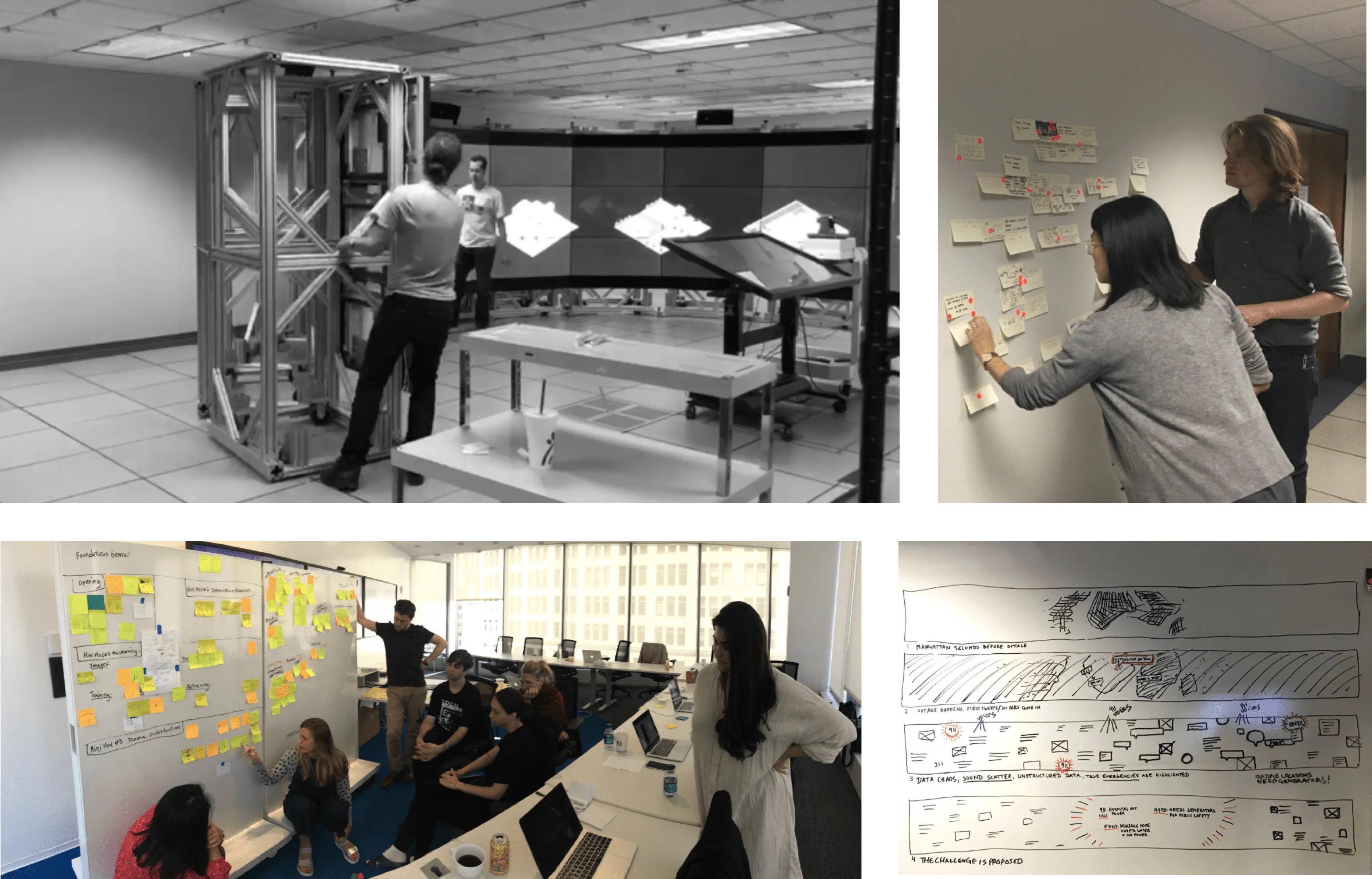 A four-panel collage of the creative process: two team members testing content at scale on the immersive wall structure in the lab, collaborators organizing sticky notes and story beats on a wall, a full team workshop session with whiteboards covered in color-coded notes, and a detailed hand-drawn storyboard mapping out scene-by-scene experience flow with annotations.