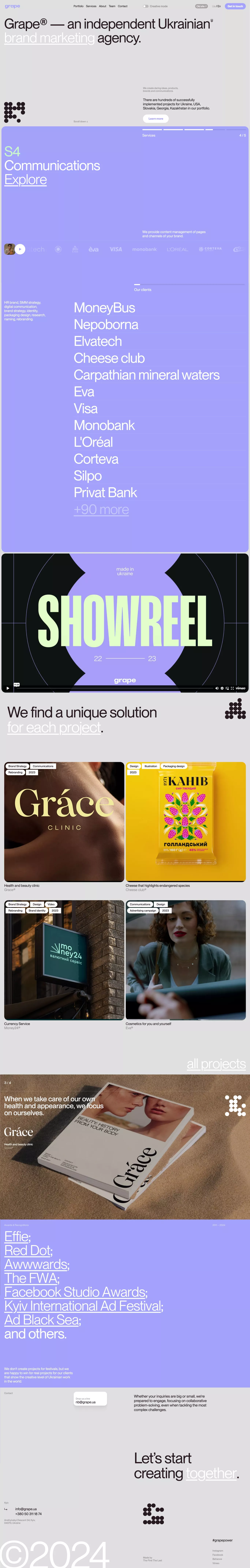 Grape agency portfolio page screenshot showcasing Design and Marketing design