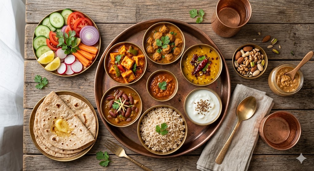 A high-resolution overhead flat lay photograph of a complete Indian vegetarian high-protein meal spread on a rustic wooden table. The central copper thali holds brass bowls with paneer tikka masala, soya chunks curry, rajma, dal tadka, brown rice, a chili chutney, and curd with cumin seeds. Surrounding the thali are soft whole wheat rotis, a plate of fresh sliced vegetables (cucumber, tomato, onion, radish, carrot, lemon), a bowl of mixed nuts, and a glass jar of peanut butter. The scene is illuminated by soft natural daylight.