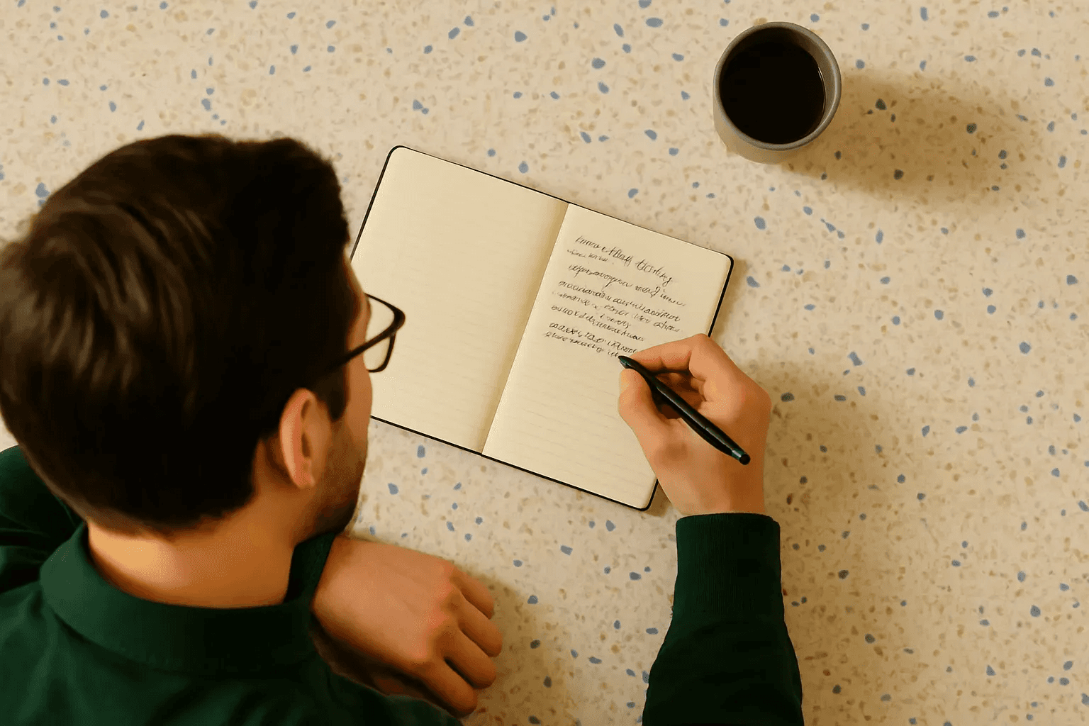 Man wearing glasses writing notes in an open notebook on a speckled tabletop with a cup of coffee nearby.