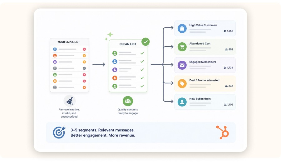 Liste email nettoyée transformée en cinq segments clients exploitables.