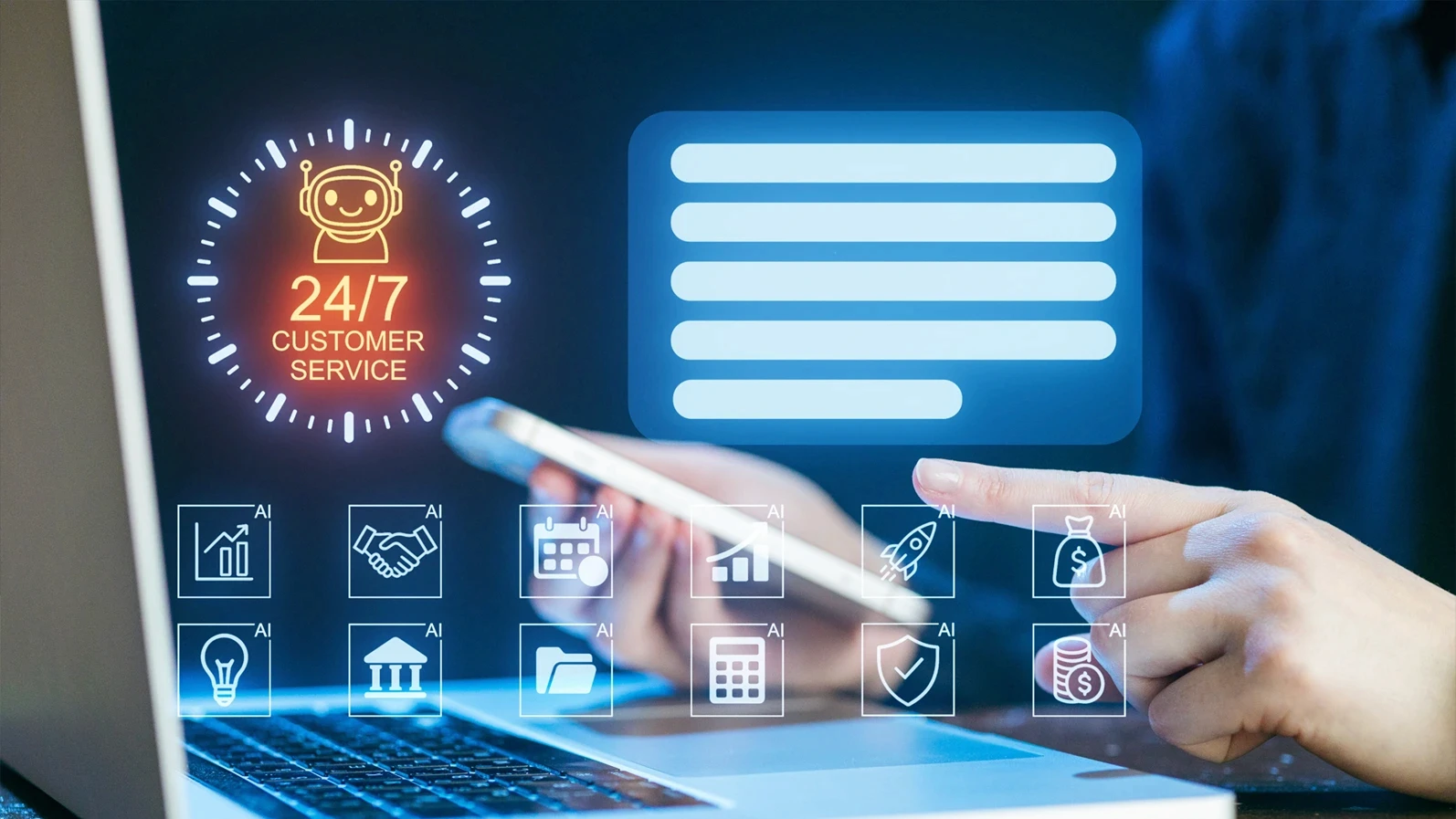 A person interacts with a laptop displaying digital icons related to customer service powered by artificial intelligence. The setup highlights 24 7 availability and modern technology integration.