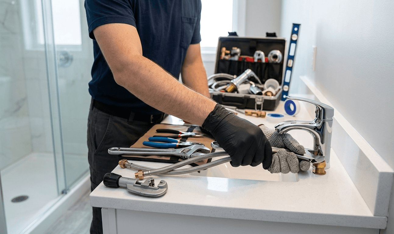 Plumber installing sink fixture with tools on bathroom countertop