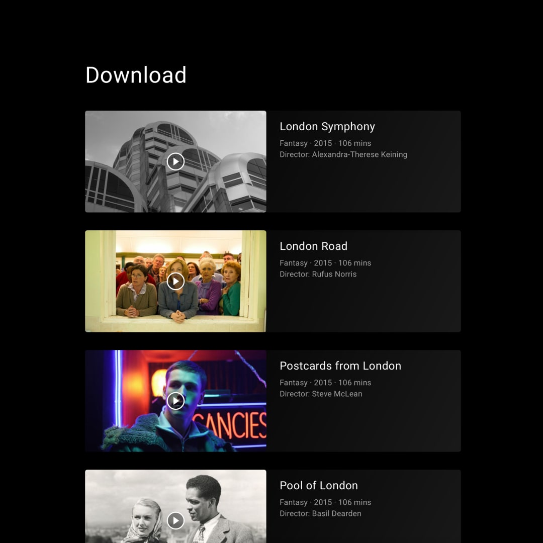Downloads screen listing four films available for offline viewing: London Symphony, London Road, Postcards from London, and Pool of London, each with a thumbnail and metadata.