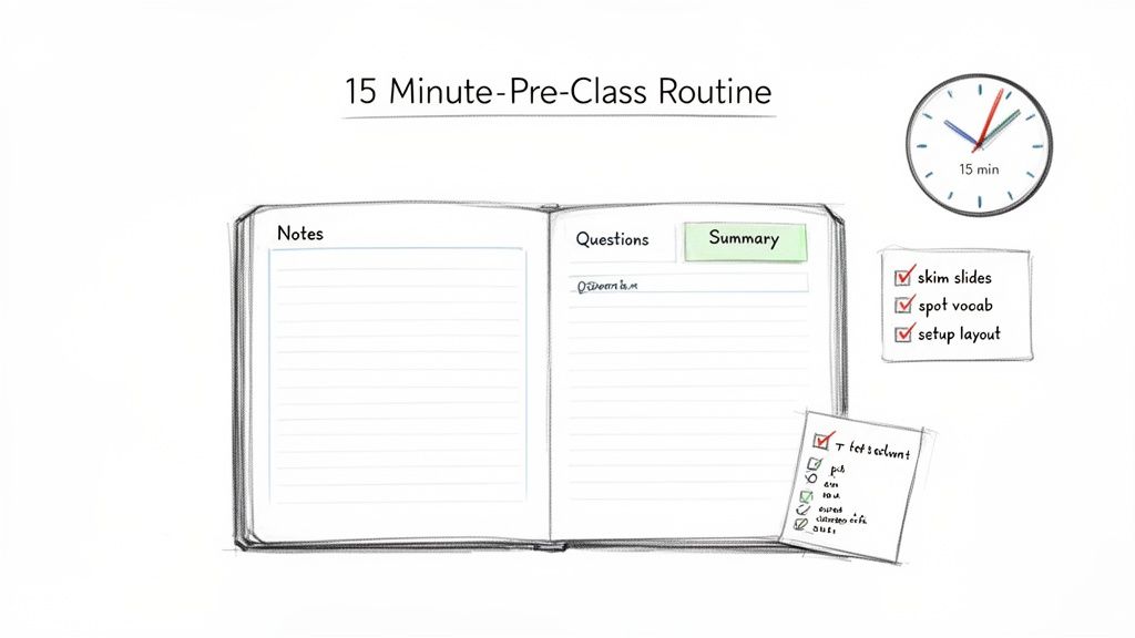 A sketch illustrating a 15-minute pre-class routine with a notebook, clock, and preparation checklists.