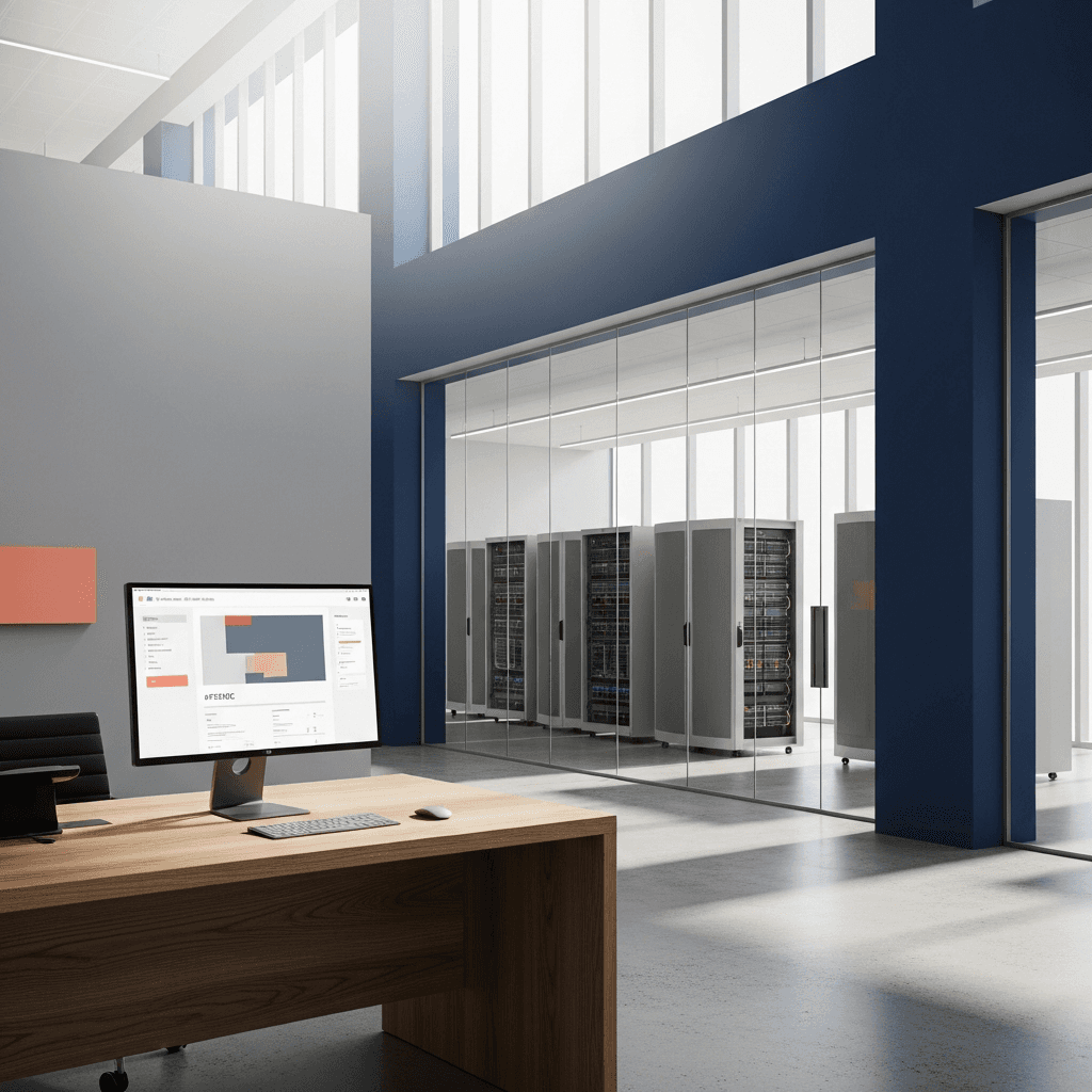 Editorial style photograph of a modern, minimalist government building interior with high ceilings and abundant natural light. In the foreground, a sleek, contemporary oak desk with a single, clean user interface displayed on a monitor. Through a large, floor-to-ceiling glass wall behind the desk, a row of older, well-maintained server racks from a legacy system is visible but subtly out of focus, symbolizing the seamless integration of new and old. The upper-left third of the frame is clear, bright space suitable for text overlay. The color palette is dominated by neutral tones, natural wood, and accents of Agintex brand colors #1F3B5B and #F5F2EC. Aspect ratio 16:9. No people, no text, no logos.