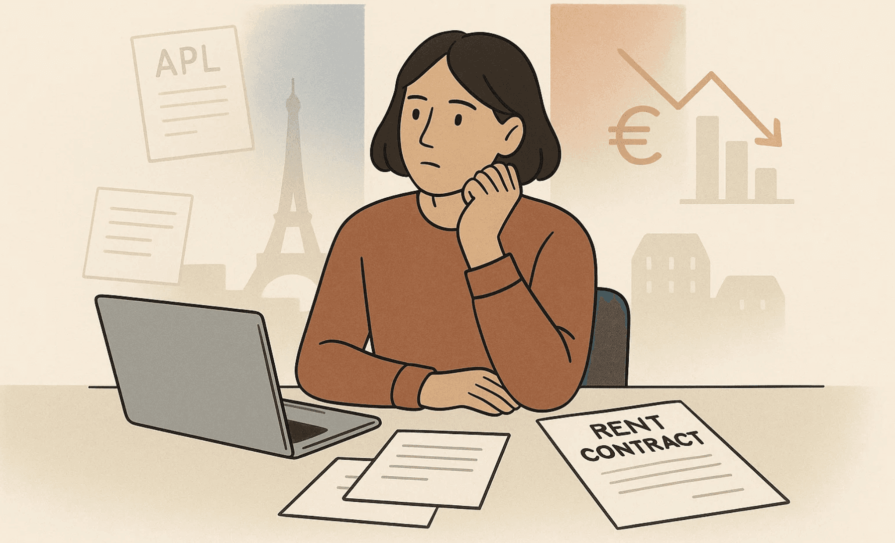 Illustration d’un étudiant assis devant un ordinateur, entouré de documents comme un contrat de location et des papiers APL, avec en arrière-plan une silhouette de Paris et des symboles montrant une baisse du budget. L’image représente les conséquences possibles de la suppression des APL pour certains étudiants étrangers.