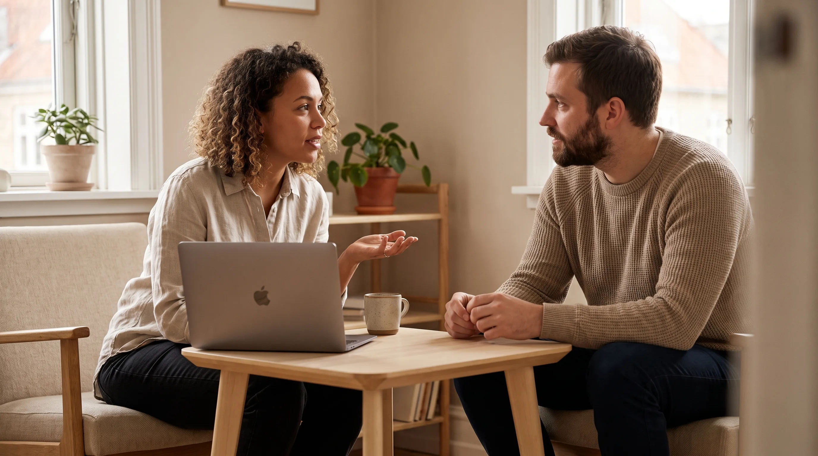 Two colleagues talking across a table with a MacBook beside them, no notetaker bot in the call