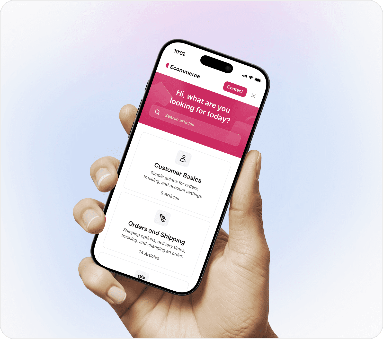 Mobile ecommerce help center showing customer support documentation categories.