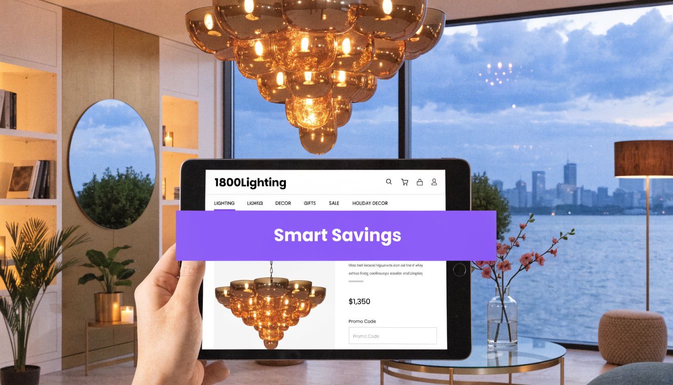 A hand holds a tablet displaying a 1800Lighting product page with a promo code input field.
