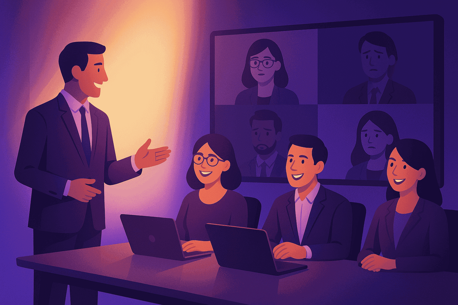 A digital illustration showing a hybrid meeting where in-office employees are brightly lit and smiling while remote workers on a screen appear dimmer and less noticed, symbolizing proximity bias in modern workplaces.