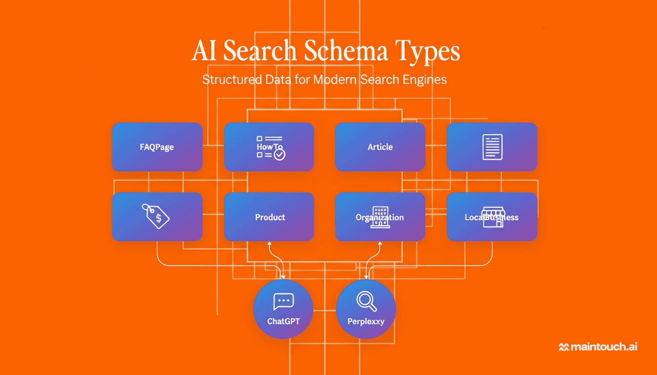 A clean, professional infographic showing the 6 key schema types for AI search: FAQPage, HowTo, Article, Product, Organization, and LocalBusiness. Each schema type should be represented as a distinct card or icon with its symbol. Use a modern tech aesthetic with blue and purple gradient colors. Include visual indicators showing how these schema types connect to AI search engines like ChatGPT and Perplexity. Minimalist design, easy to read, with subtle connection lines or arrows showing data flow from structured markup to AI citations. Professional SaaS product illustration style.