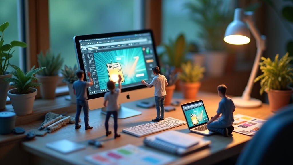 Tiny designers and developers building a sleek Framer website on a miniature studio canvas.